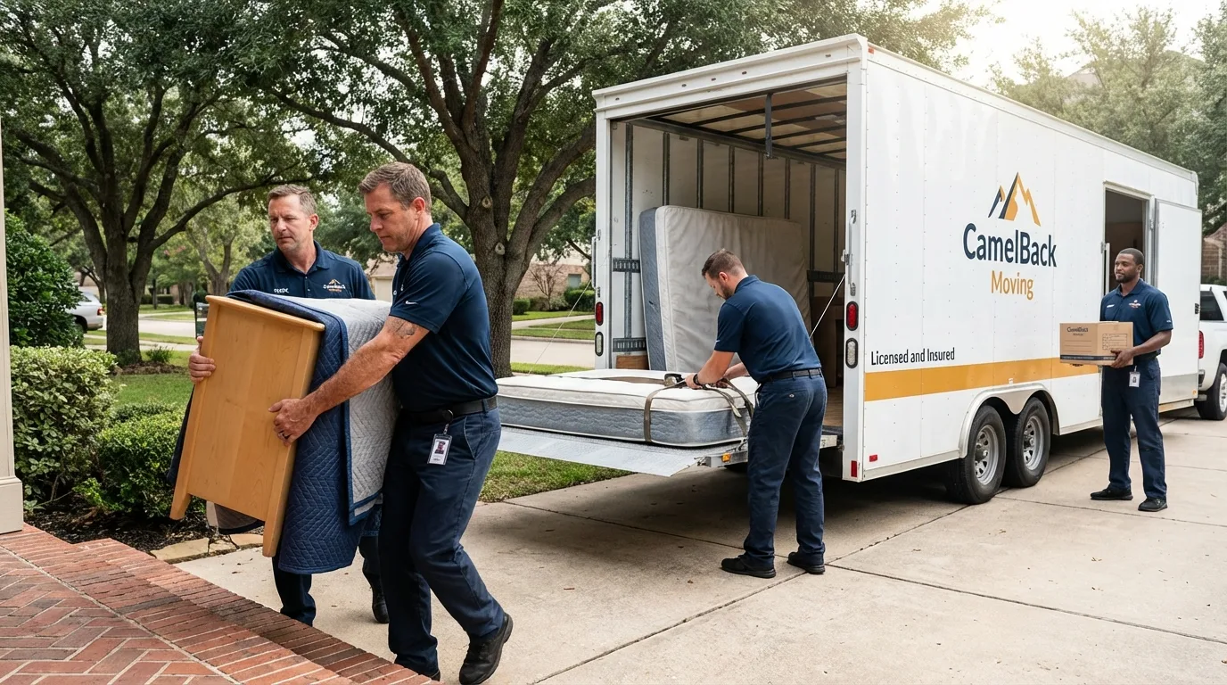 Crew loading residential truck for cross-state move from Hart, TX