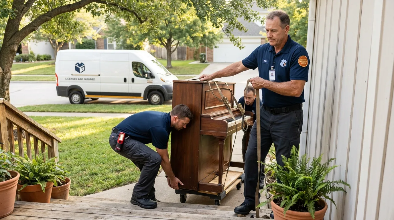 Licensed piano movers securing grand piano in Hart, TX